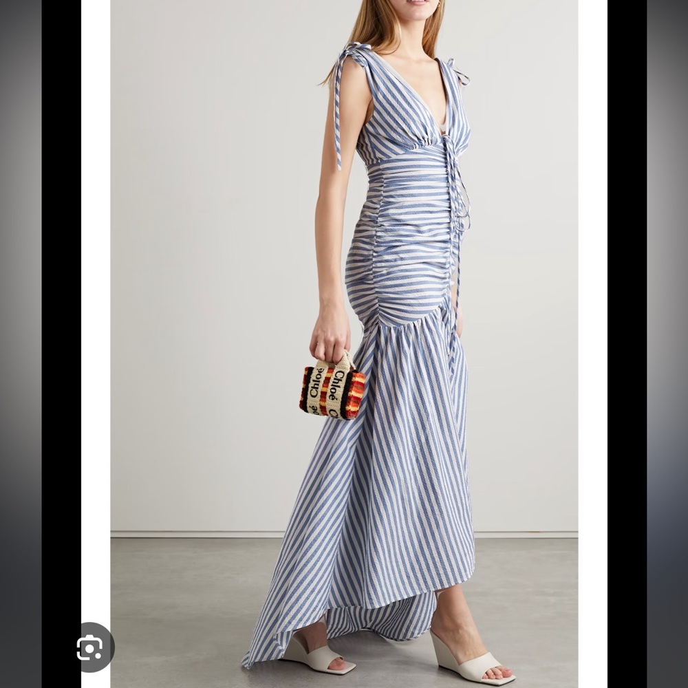 Veronica Beard Perrin ruched striped cotton-blend cloqué maxi dress